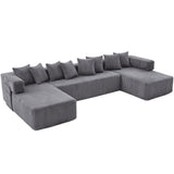 Dark Gray Corduroy Modular U Shaped Three Piece Corner Sectional With Console And Toss Pillows - HomeRoots - Flyclothing LLC