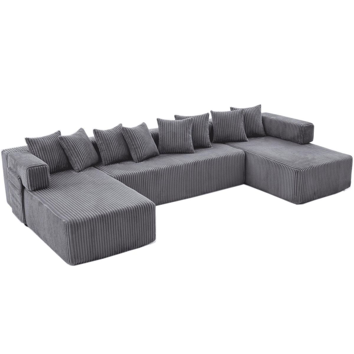 Dark Gray Corduroy Modular U Shaped Three Piece Corner Sectional With Console And Toss Pillows - HomeRoots - Flyclothing LLC
