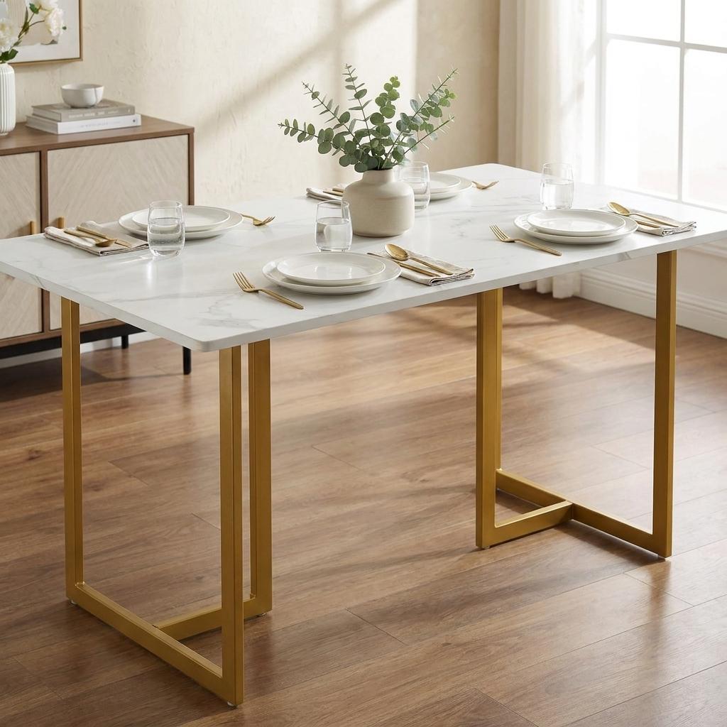 55" White And Gold Faux Marble And Iron Sled Base Dining Table - HomeRoots - Flyclothing LLC
