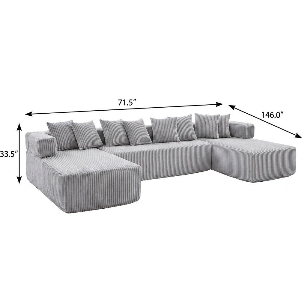 Light Gray Corduroy Modular U Shaped Three Piece Corner Sectional With Console And Toss Pillows - HomeRoots - Flyclothing LLC