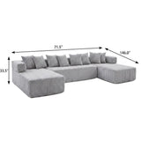 Light Gray Corduroy Modular U Shaped Three Piece Corner Sectional With Console And Toss Pillows - HomeRoots - Flyclothing LLC