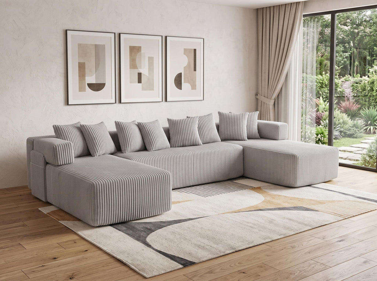 Light Gray Corduroy Modular U Shaped Three Piece Corner Sectional With Console And Toss Pillows - HomeRoots - Flyclothing LLC