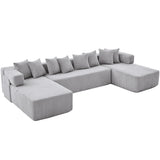 Light Gray Corduroy Modular U Shaped Three Piece Corner Sectional With Console And Toss Pillows - HomeRoots - Flyclothing LLC
