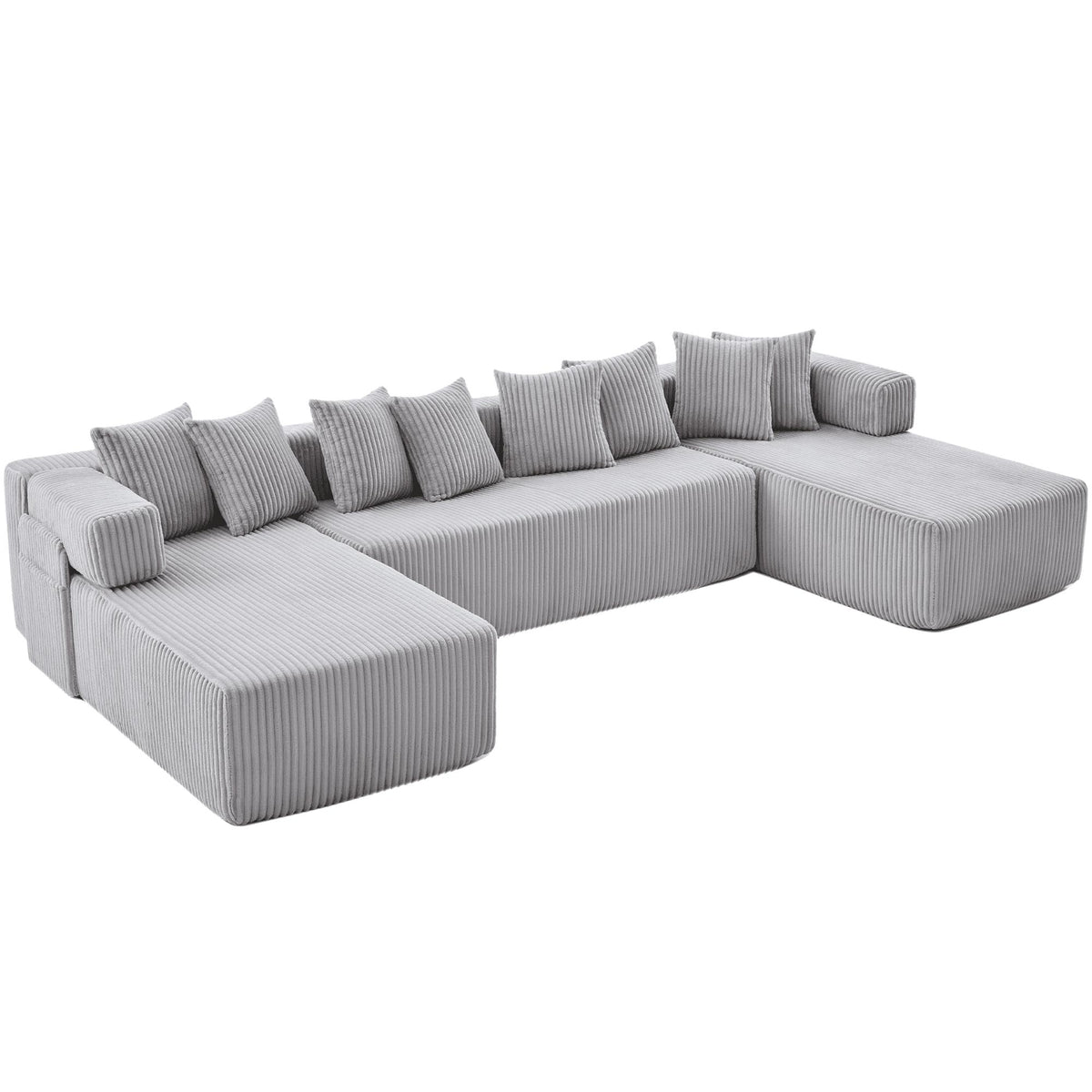Light Gray Corduroy Modular U Shaped Three Piece Corner Sectional With Console And Toss Pillows - HomeRoots - Flyclothing LLC