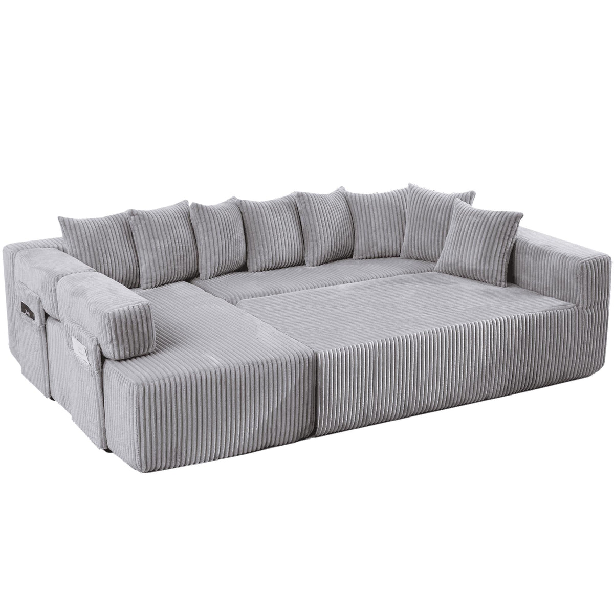 Light Gray Corduroy Modular U Shaped Three Piece Corner Sectional With Console And Toss Pillows - HomeRoots - Flyclothing LLC