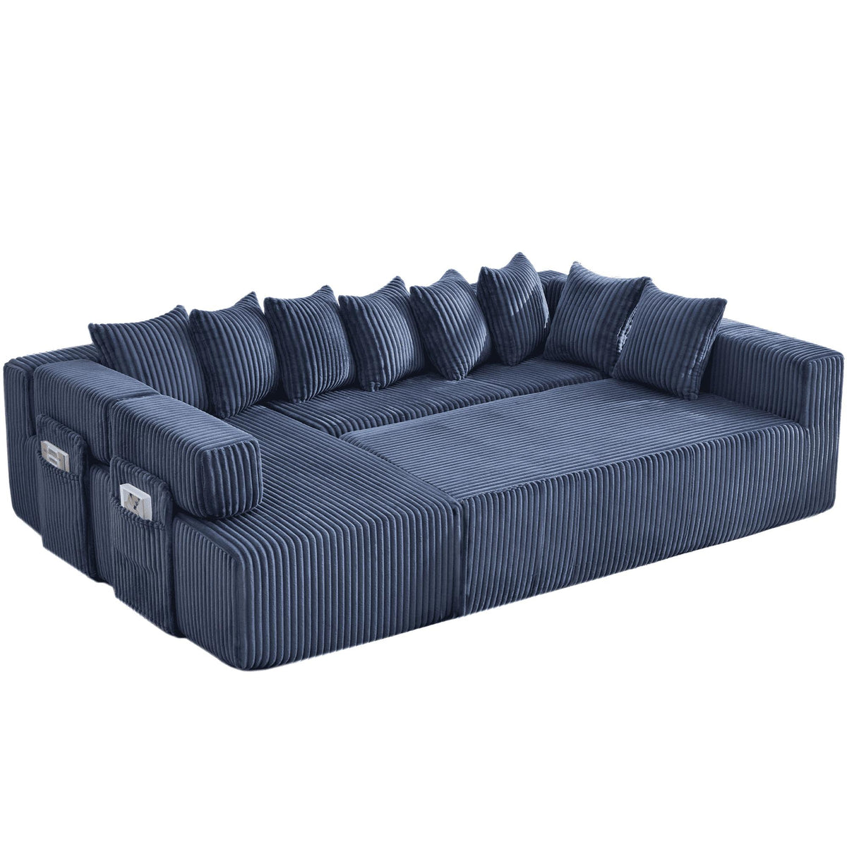 Blue Corduroy Modular U Shaped Three Piece Corner Sectional With Console And Toss Pillows - HomeRoots - Flyclothing LLC