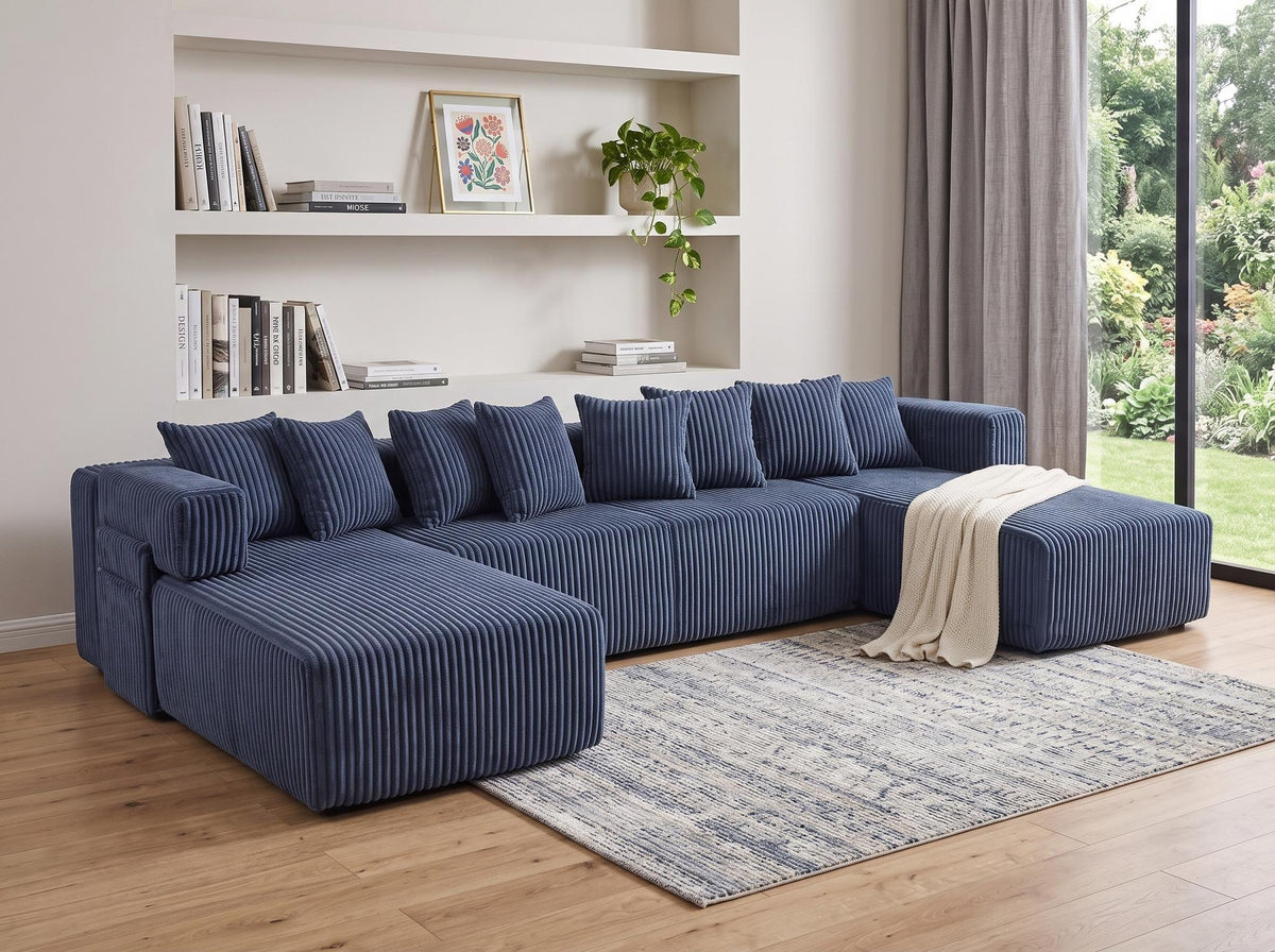 Blue Corduroy Modular U Shaped Three Piece Corner Sectional With Console And Toss Pillows - HomeRoots - Flyclothing LLC