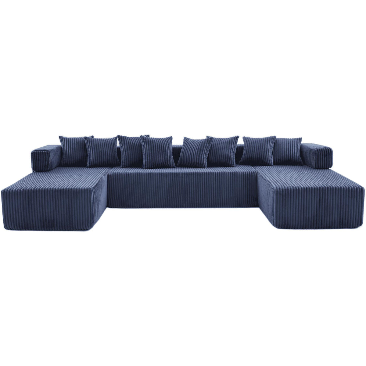 Blue Corduroy Modular U Shaped Three Piece Corner Sectional With Console And Toss Pillows - HomeRoots - Flyclothing LLC