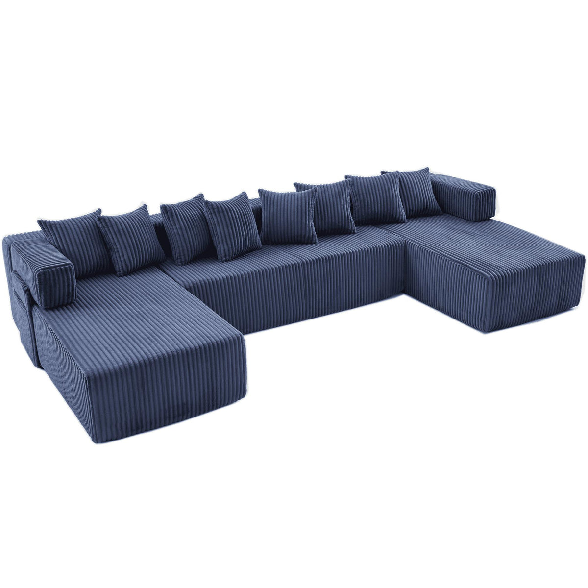 Blue Corduroy Modular U Shaped Three Piece Corner Sectional With Console And Toss Pillows - HomeRoots - Flyclothing LLC