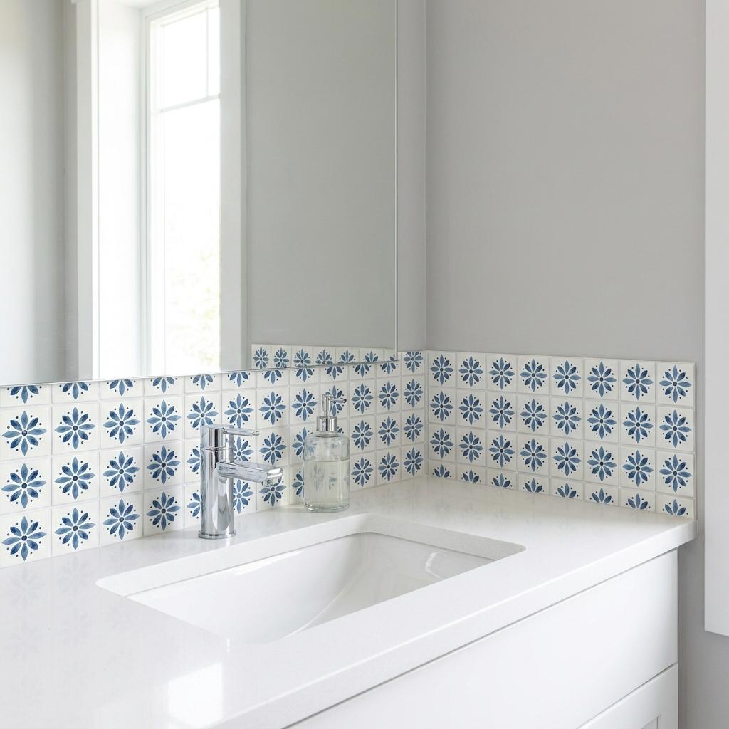 4" x 4" Blue Vinyl Arabesque Peel And Stick Removable Tiles - HomeRoots - Flyclothing LLC