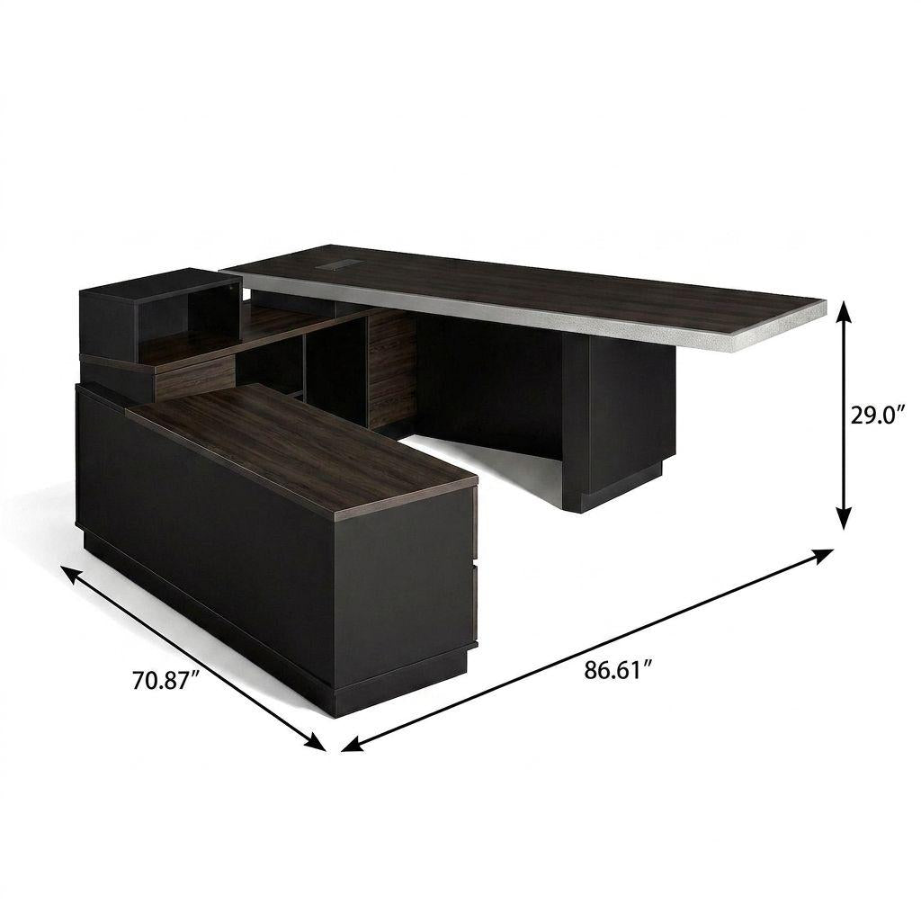 87" Black Wood Pedestal Executive Desk With Two Drawers Built in Lighting - HomeRoots - Flyclothing LLC