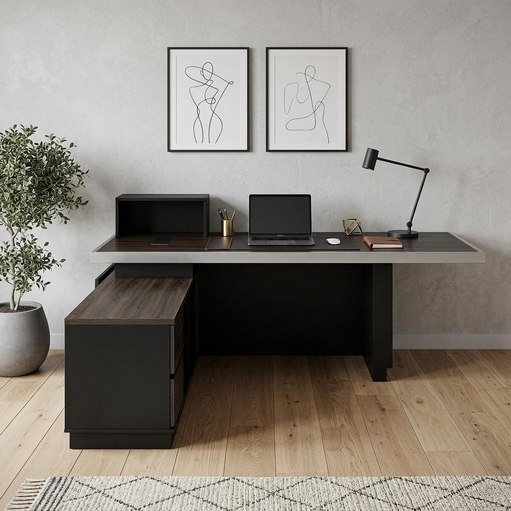 79" Black Wood Pedestal Executive Desk With And Two Drawers Built in Lighting - HomeRoots - Flyclothing LLC