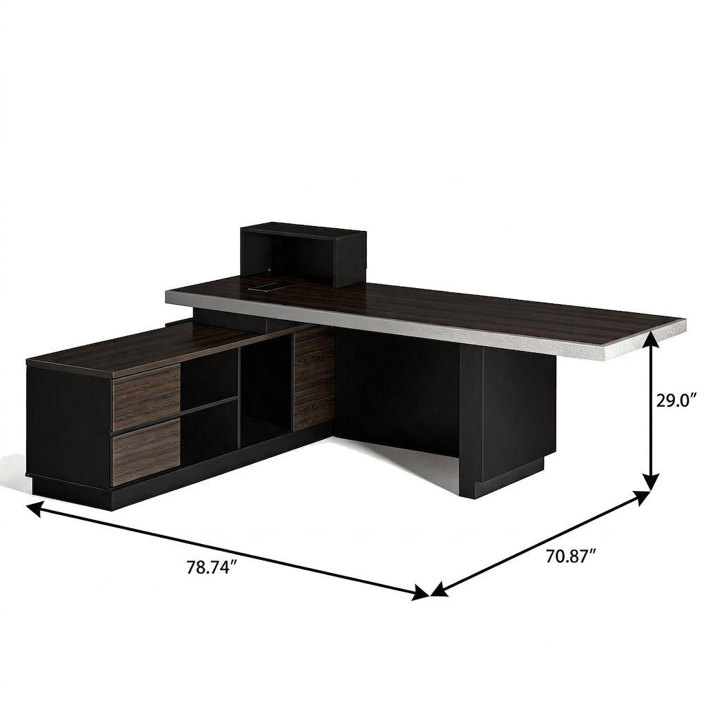 79" Black Wood Pedestal Executive Desk With And Two Drawers Built in Lighting - HomeRoots - Flyclothing LLC