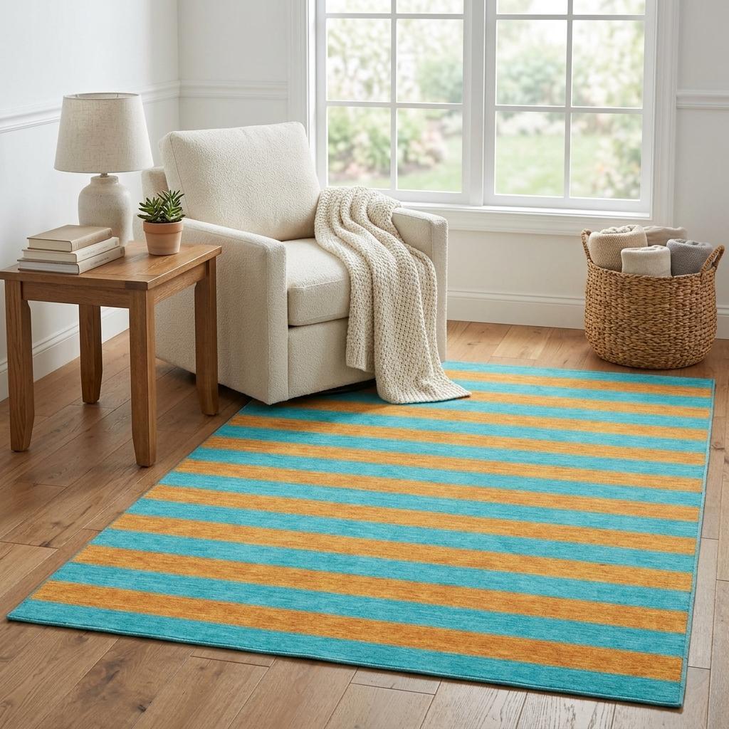 5' X 8' Aqua And Orange Striped Shag Washable Area Rug With UV Protection - HomeRoots - Flyclothing LLC