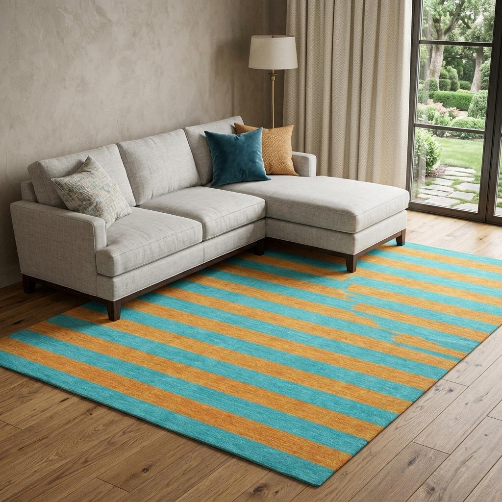 10' X 14' Aqua And Orange Striped Shag Washable Area Rug With UV Protection - HomeRoots - Flyclothing LLC