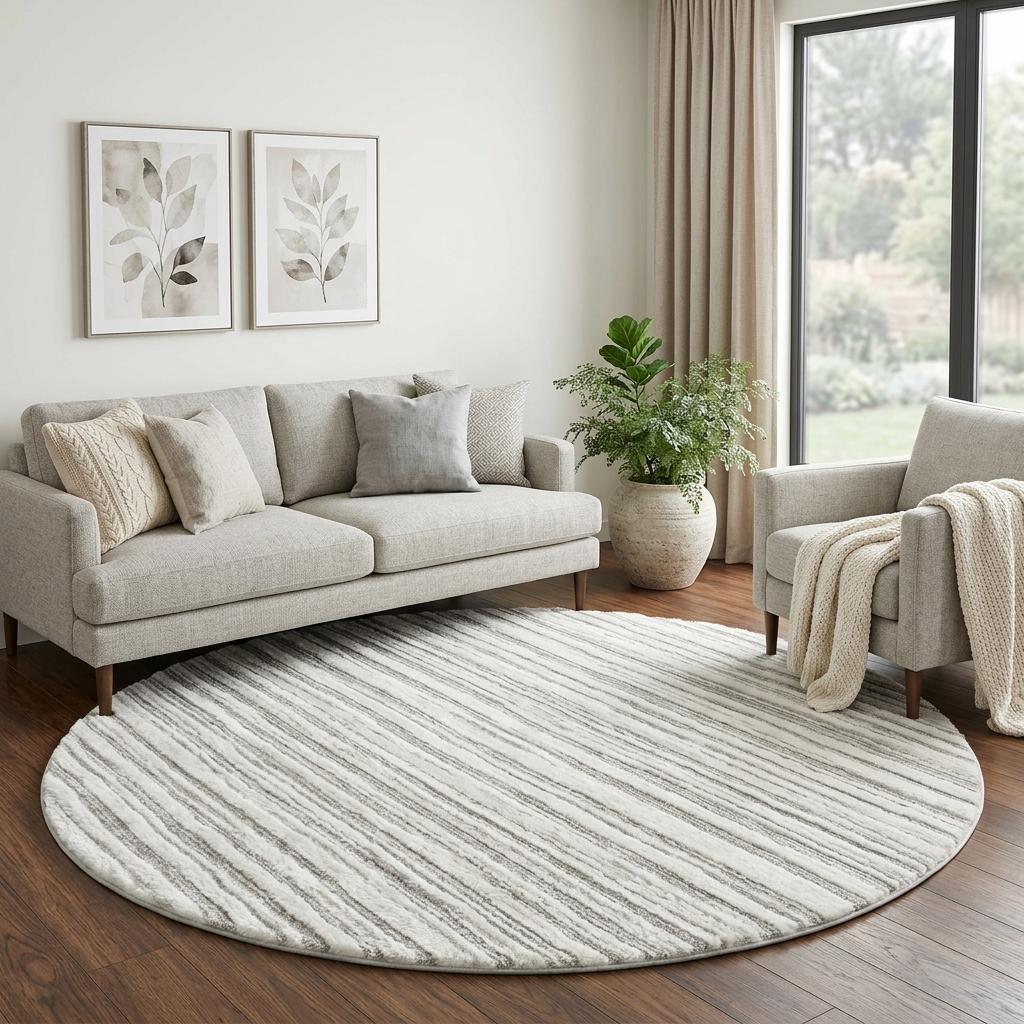 8' Beige And Taupe Striped Shag Washable Round Rug With UV Protection - HomeRoots - Flyclothing LLC