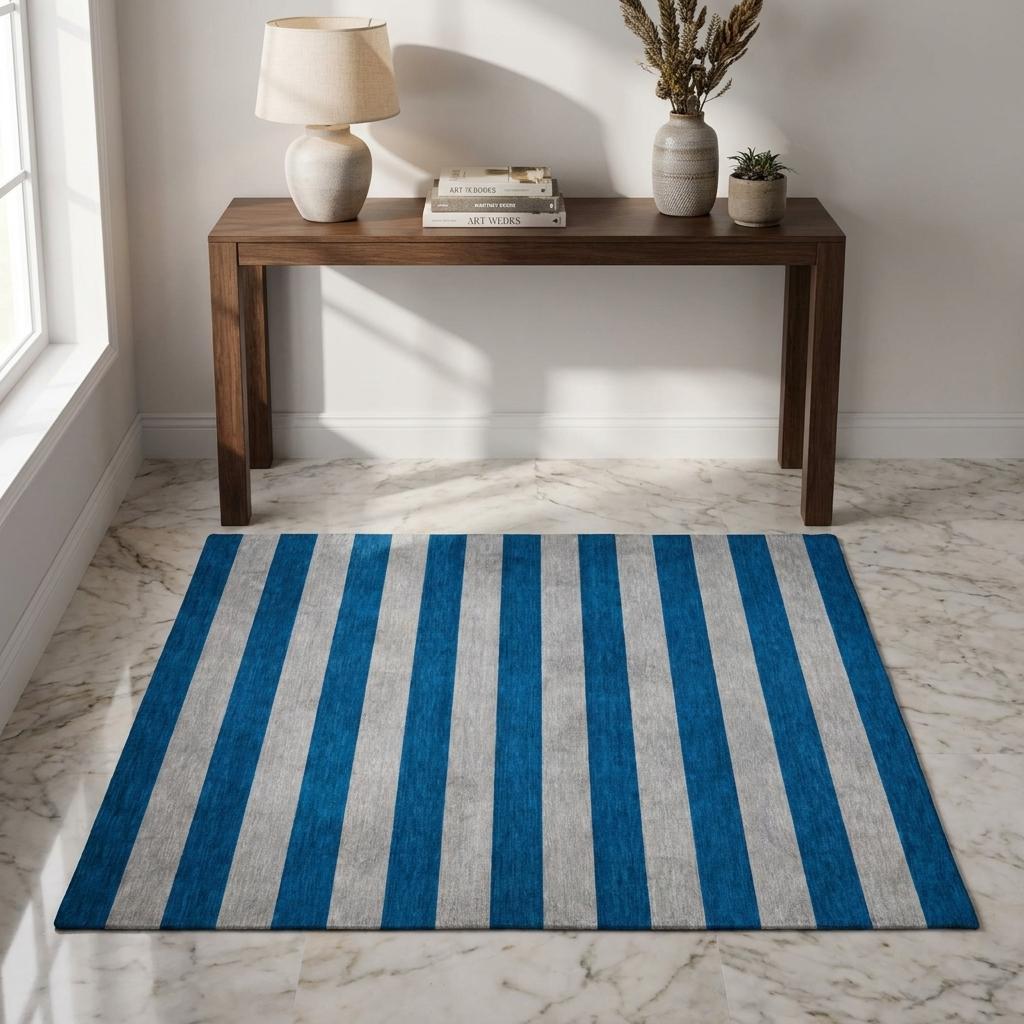 3' X 5' Blue And Gray Striped Shag Washable Area Rug With UV Protection - HomeRoots - Flyclothing LLC