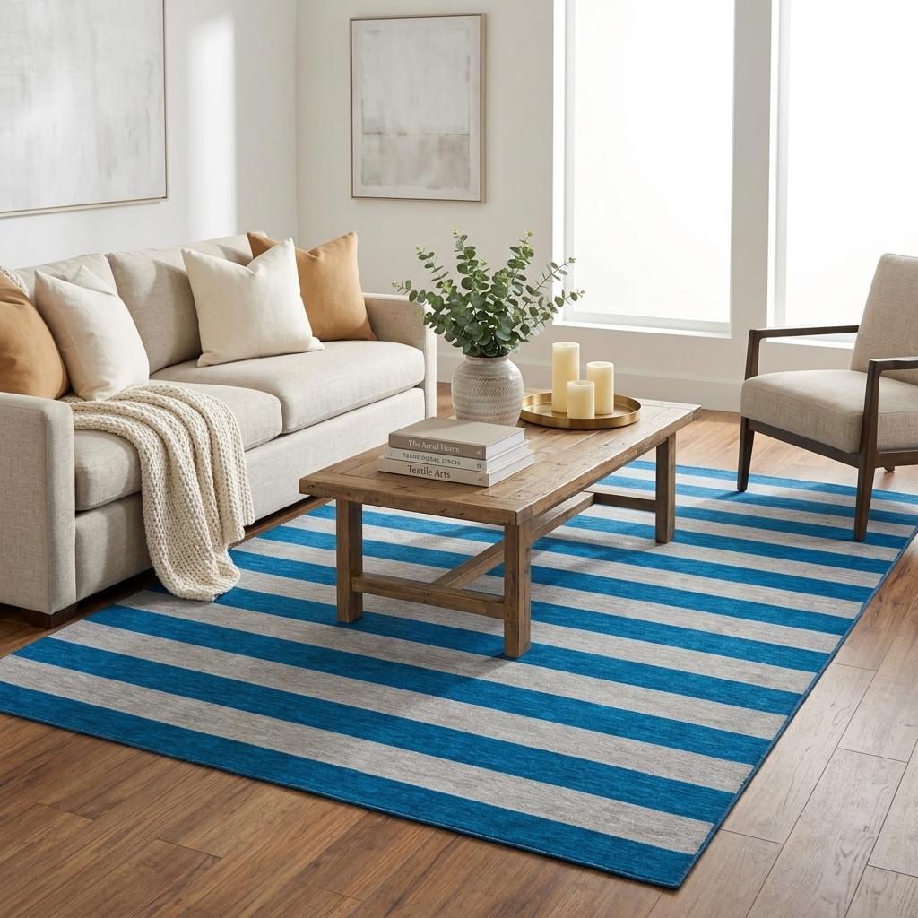 5' X 8' Blue And Gray Striped Shag Washable Area Rug With UV Protection - HomeRoots - Flyclothing LLC