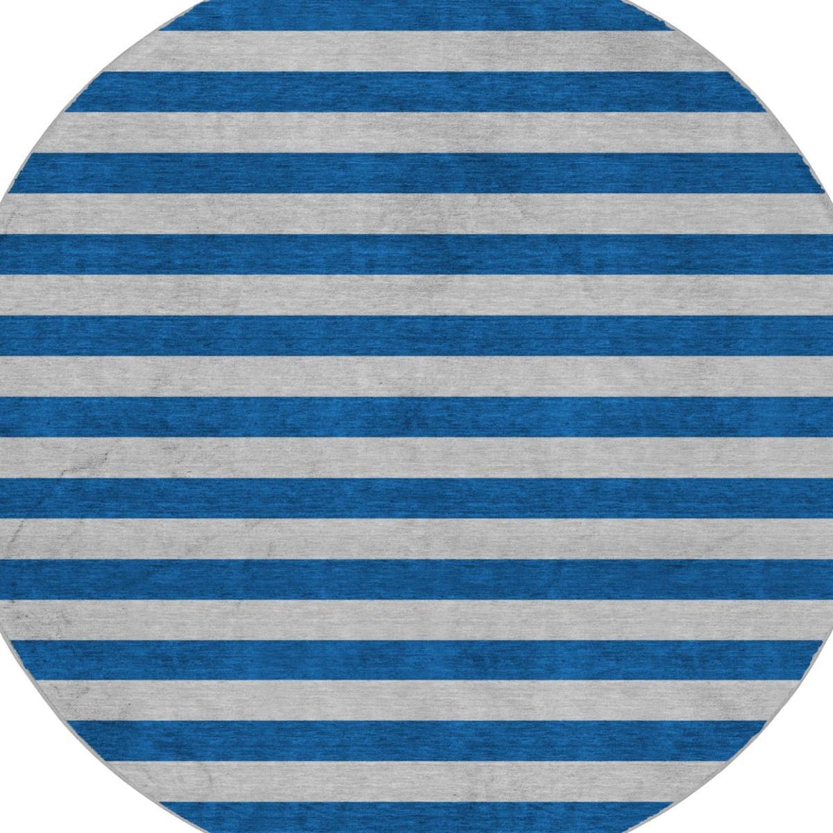 8' Blue And Gray Striped Shag Washable Round Rug With UV Protection - HomeRoots - Flyclothing LLC