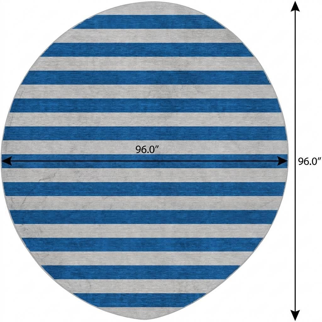8' Blue And Gray Striped Shag Washable Round Rug With UV Protection - HomeRoots - Flyclothing LLC