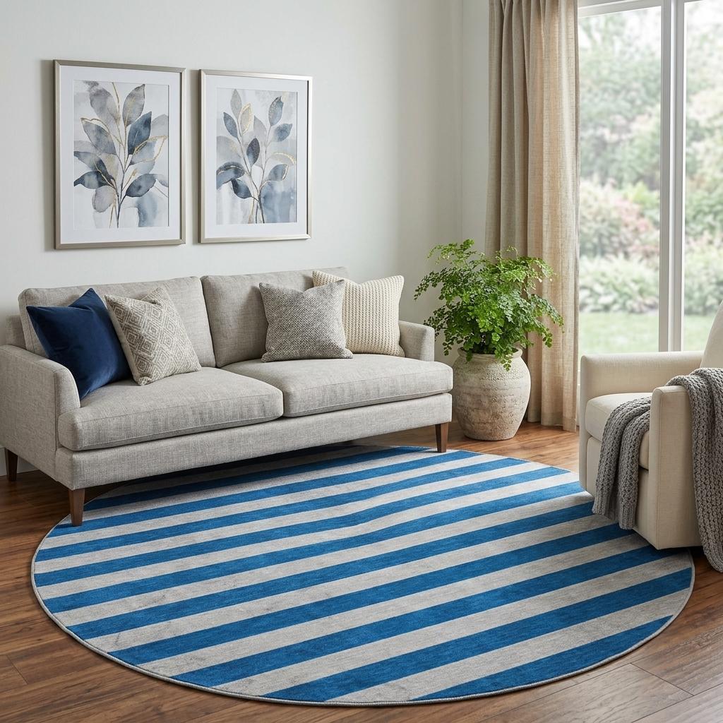8' Blue And Gray Striped Shag Washable Round Rug With UV Protection - HomeRoots - Flyclothing LLC