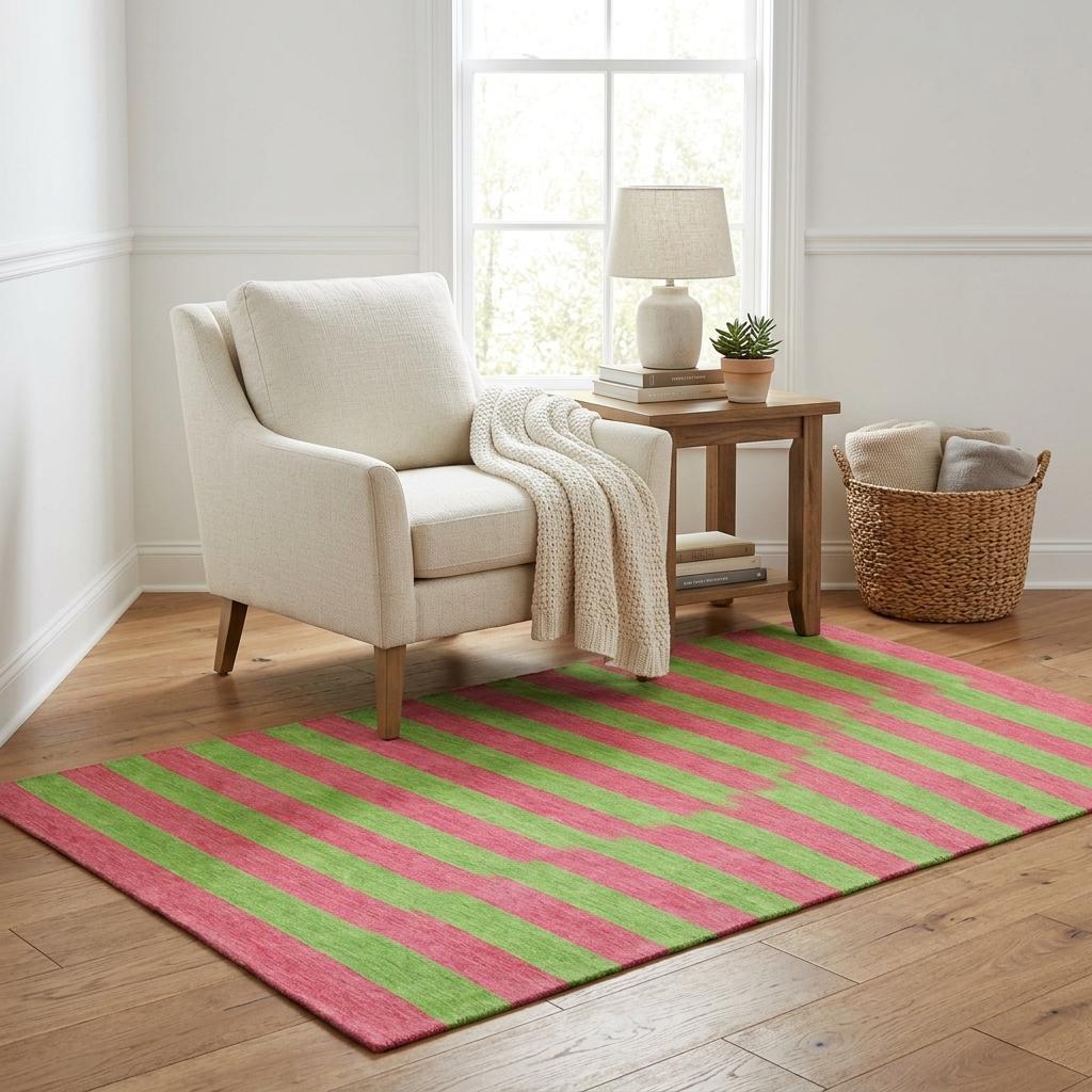 5' X 8' Blush And Green Striped Shag Washable Area Rug With UV Protection - HomeRoots - Flyclothing LLC