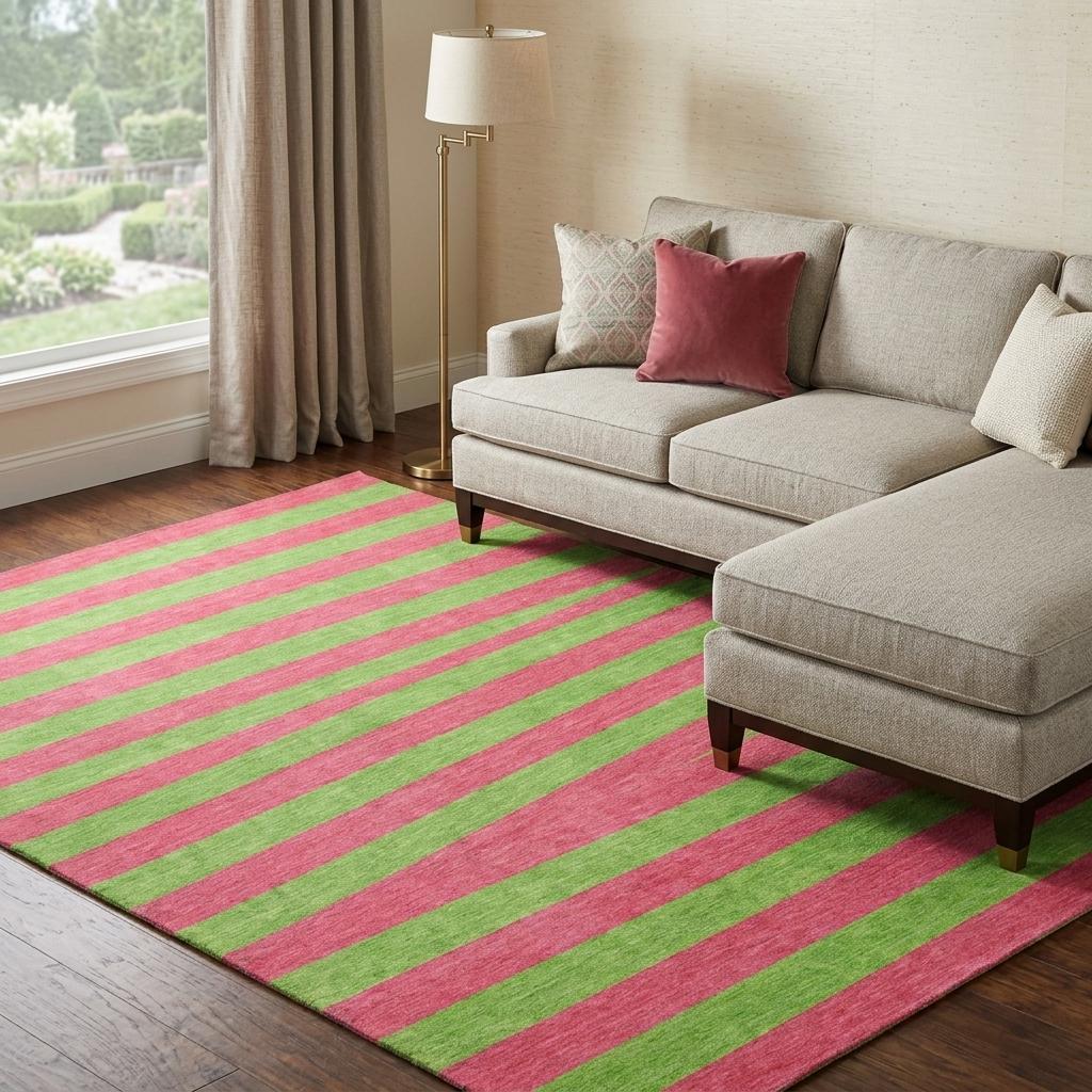 8' X 10' Blush And Green Striped Shag Washable Area Rug With UV Protection - HomeRoots - Flyclothing LLC