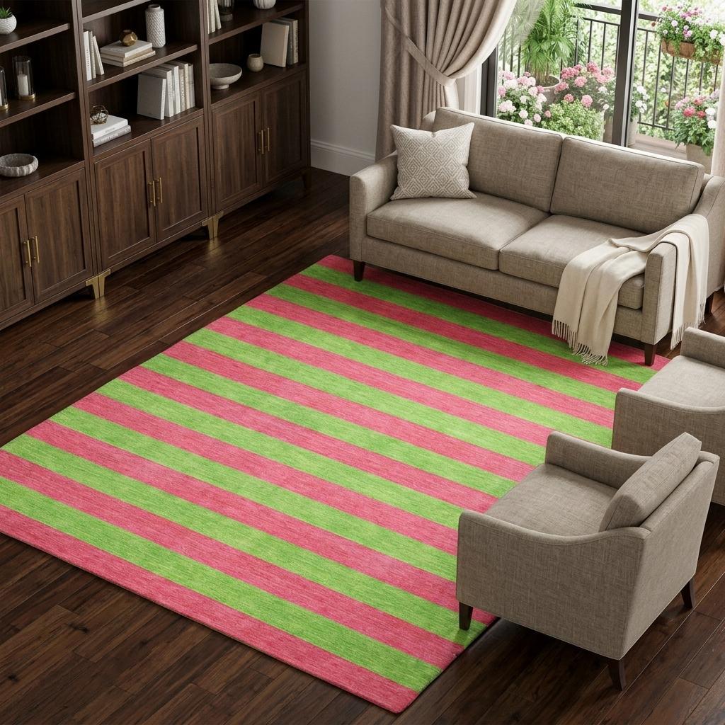 9' X 12' Blush And Green Striped Shag Washable Area Rug With UV Protection - HomeRoots - Flyclothing LLC