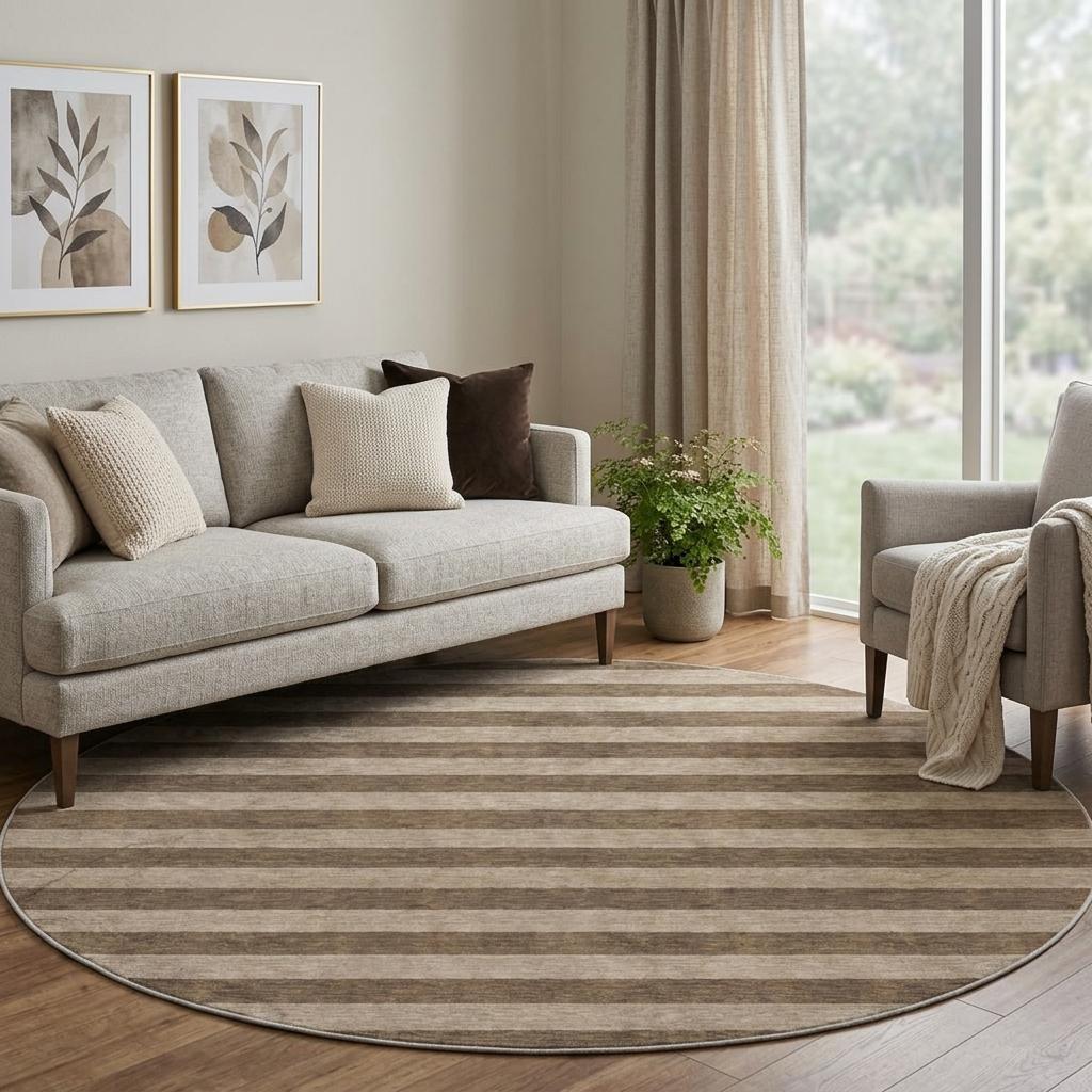 8' Coffee And Taupe Striped Shag Washable Round Rug With UV Protection - HomeRoots - Flyclothing LLC