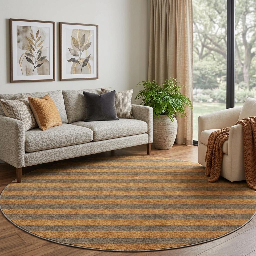 8' Brown And Copper Striped Shag Washable Round Rug With UV Protection - HomeRoots - Flyclothing LLC