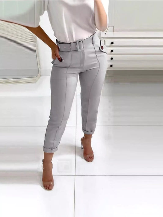High Waist Belted Slim Fit Ankle Pants - Trendsi - Flyclothing LLC