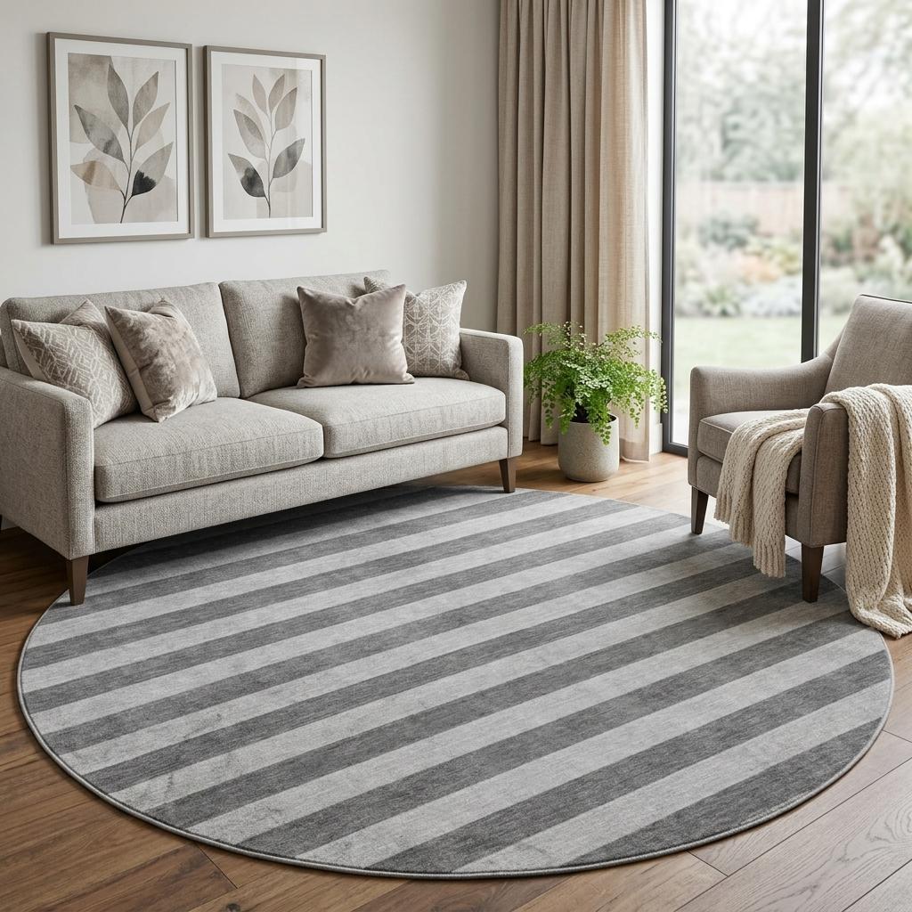 8' Granite Gray And Gray Striped Shag Washable Round Rug With UV Protection - HomeRoots - Flyclothing LLC