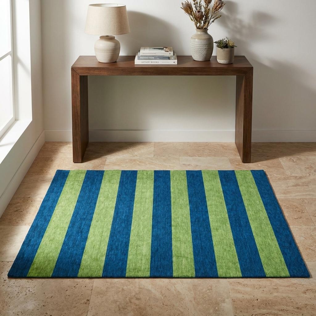 3' X 5' Navy Blue And Green Striped Shag Washable Area Rug With UV Protection - HomeRoots - Flyclothing LLC