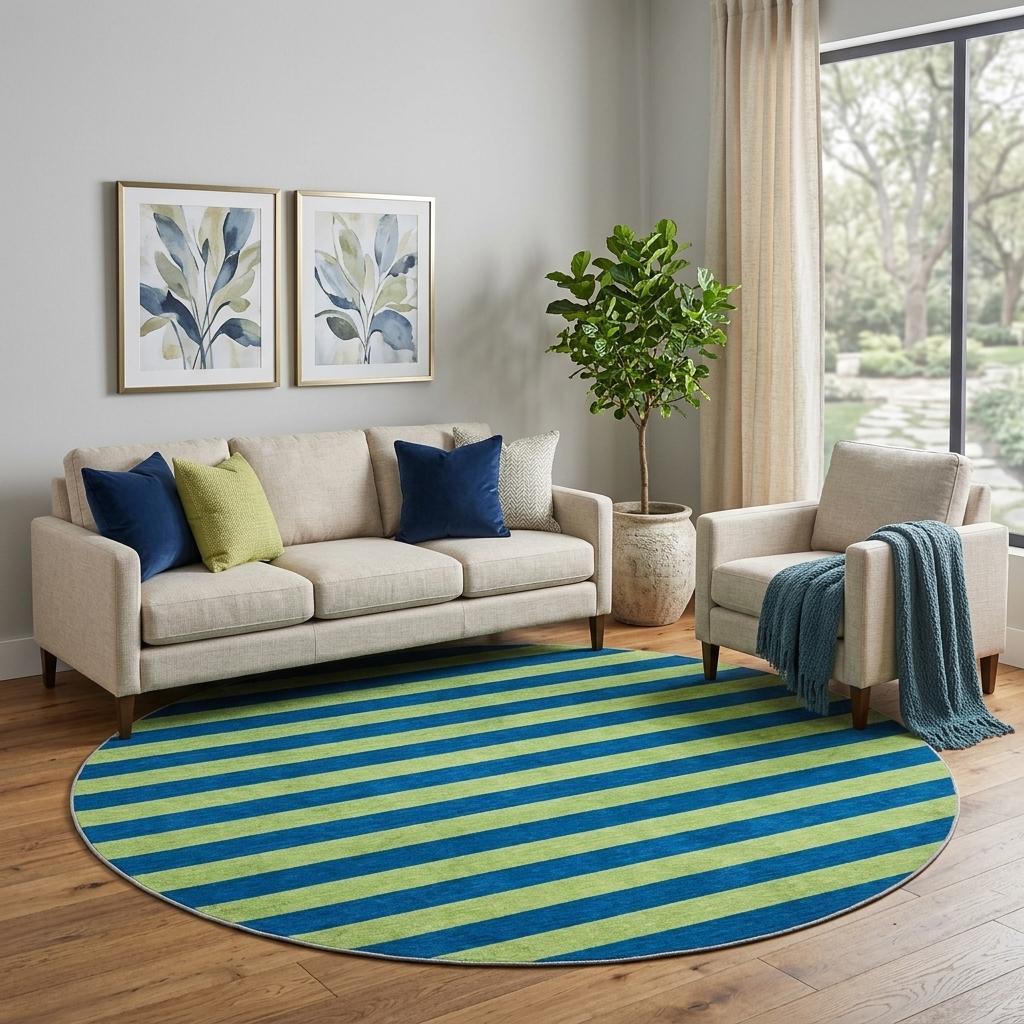 8' Navy Blue And Green Striped Shag Washable Round Rug With UV Protection - HomeRoots - Flyclothing LLC