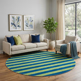 8' Navy Blue And Green Striped Shag Washable Round Rug With UV Protection - HomeRoots - Flyclothing LLC