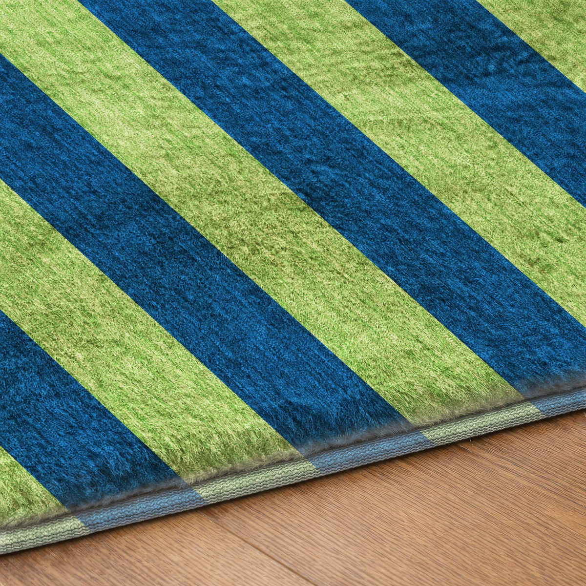 8' Navy Blue And Green Striped Shag Washable Round Rug With UV Protection - HomeRoots - Flyclothing LLC