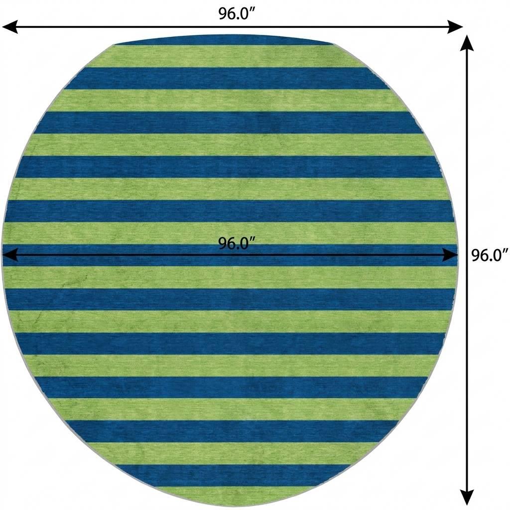 8' Navy Blue And Green Striped Shag Washable Round Rug With UV Protection - HomeRoots - Flyclothing LLC