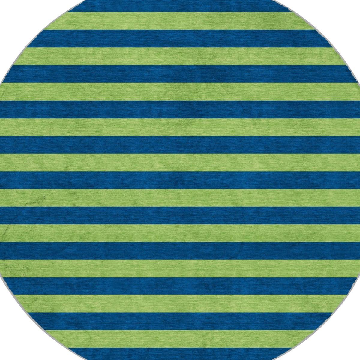 8' Navy Blue And Green Striped Shag Washable Round Rug With UV Protection - HomeRoots - Flyclothing LLC