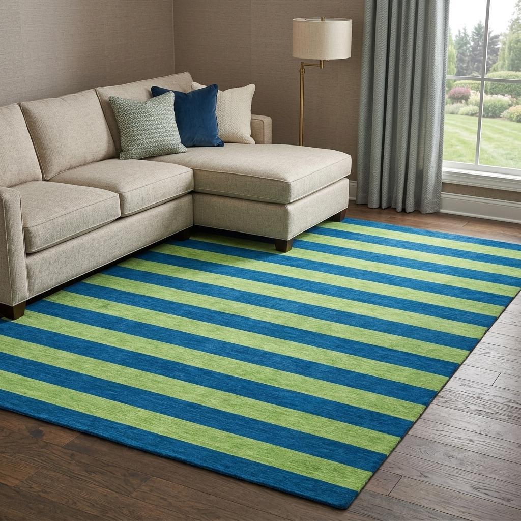 8' X 10' Navy Blue And Green Striped Shag Washable Area Rug With UV Protection - HomeRoots - Flyclothing LLC