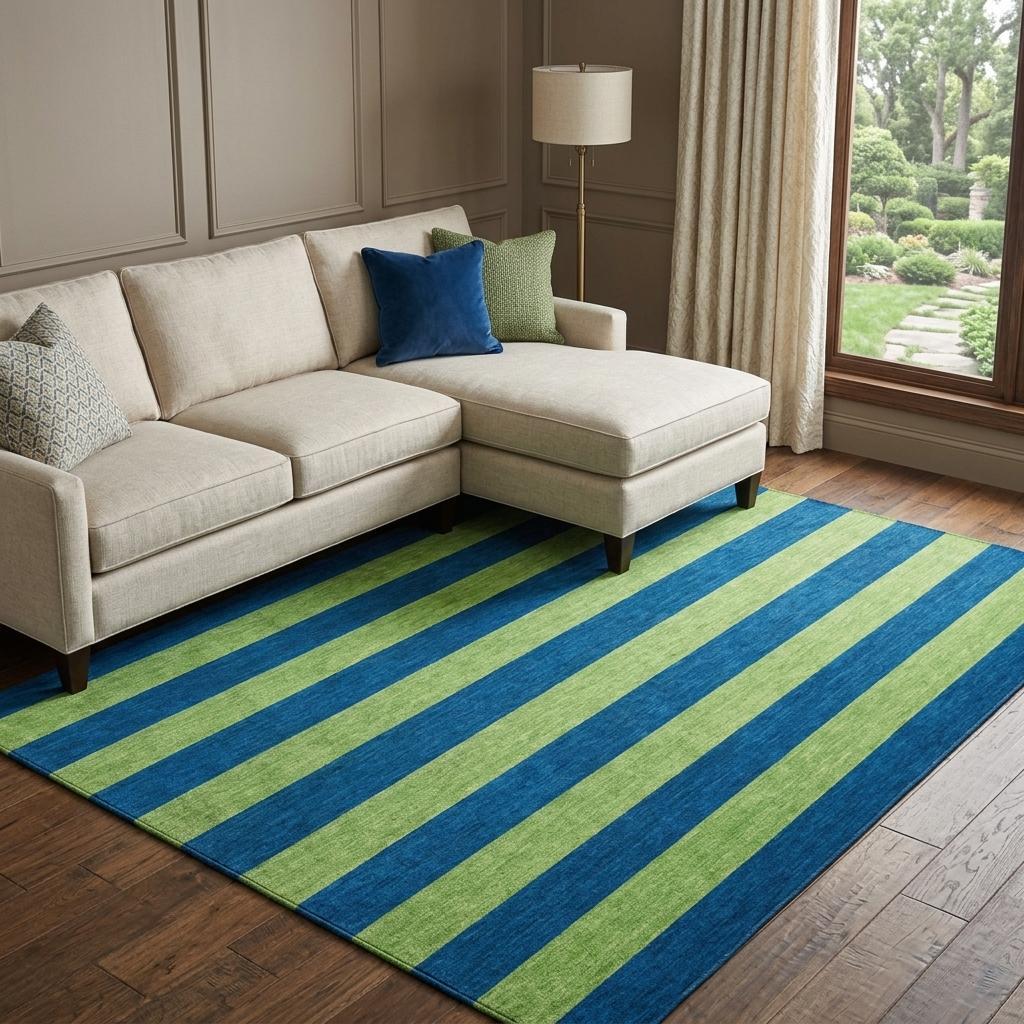 9' X 12' Navy Blue And Green Striped Shag Washable Area Rug With UV Protection - HomeRoots - Flyclothing LLC