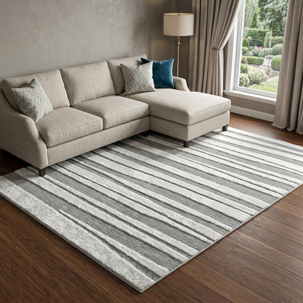 8' X 10' Pewter And Gray Striped Shag Washable Area Rug With UV Protection - HomeRoots - Flyclothing LLC