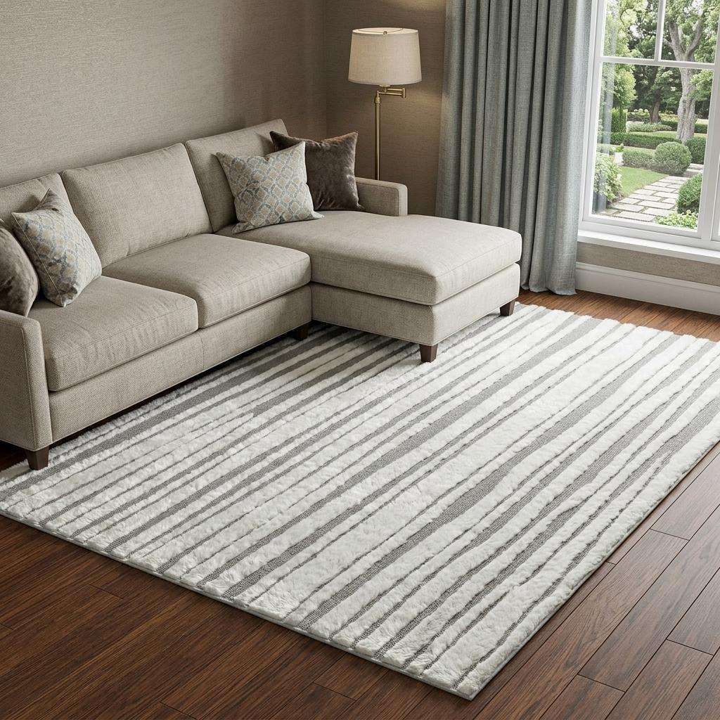 9' X 12' Pewter And Gray Striped Shag Washable Area Rug With UV Protection - HomeRoots - Flyclothing LLC