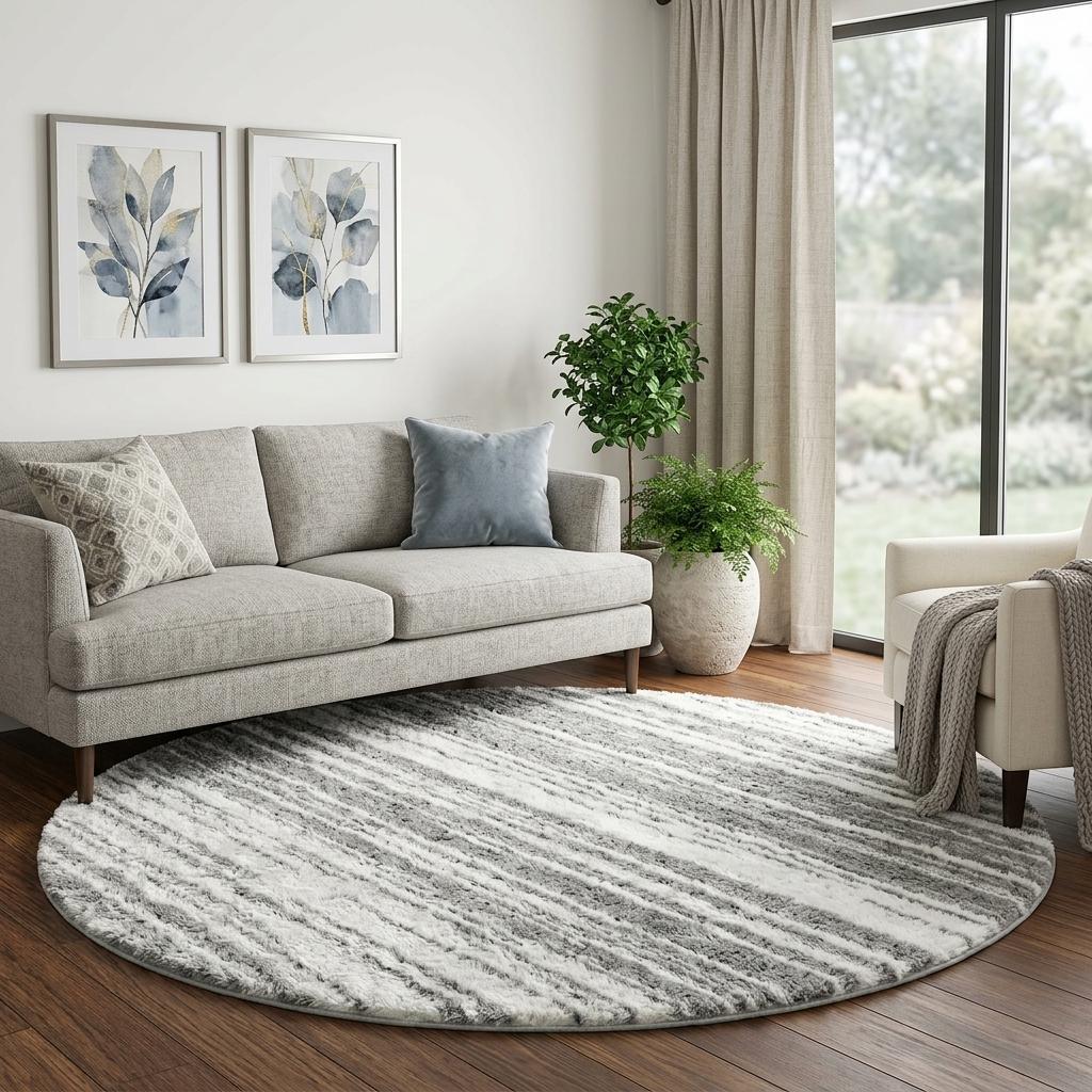 8' Silver And Gold Striped Shag Washable Round Rug With UV Protection - HomeRoots - Flyclothing LLC