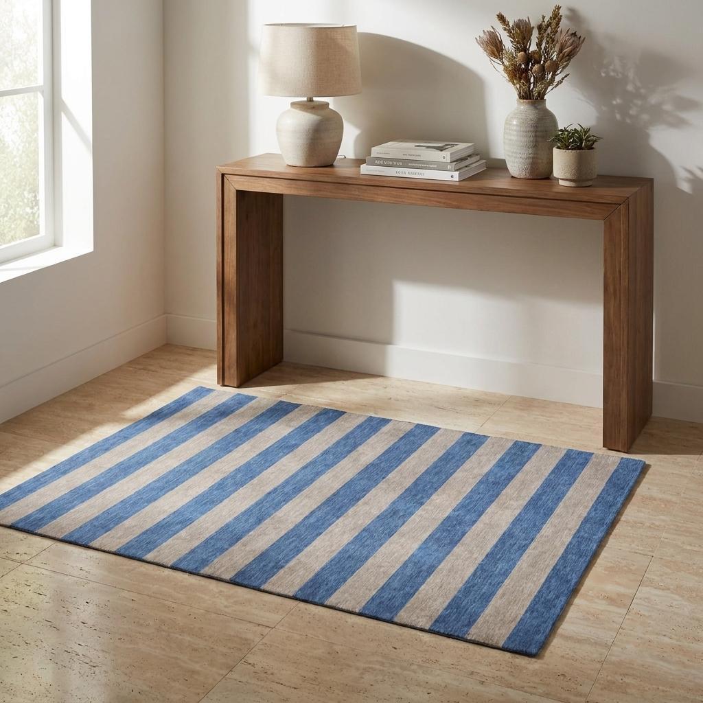 3' X 5' Tan And Navy Blue Striped Shag Washable Area Rug With UV Protection - HomeRoots - Flyclothing LLC