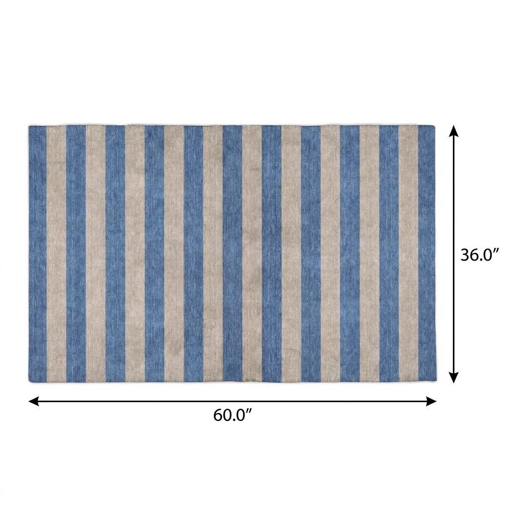 3' X 5' Tan And Navy Blue Striped Shag Washable Area Rug With UV Protection - HomeRoots - Flyclothing LLC