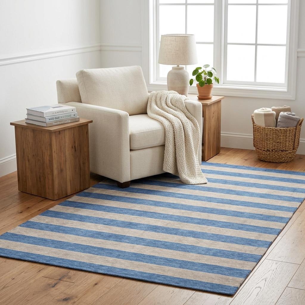 5' X 8' Tan And Navy Blue Striped Shag Washable Area Rug With UV Protection - HomeRoots - Flyclothing LLC