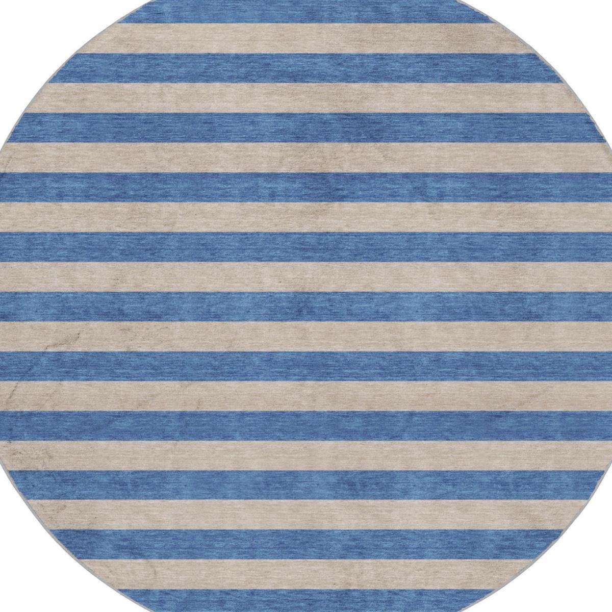 8' Tan And Navy Blue Striped Shag Washable Round Rug With UV Protection - HomeRoots - Flyclothing LLC