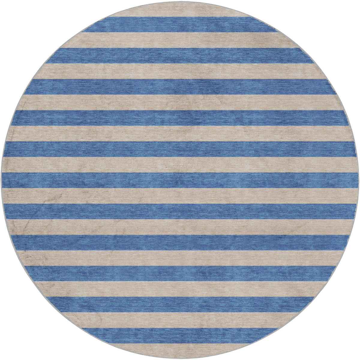 8' Tan And Navy Blue Striped Shag Washable Round Rug With UV Protection - HomeRoots - Flyclothing LLC