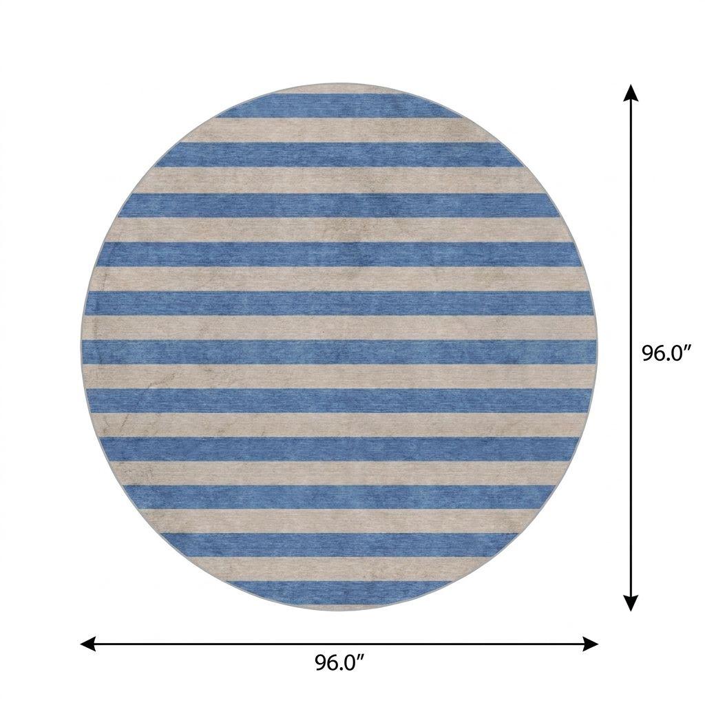 8' Tan And Navy Blue Striped Shag Washable Round Rug With UV Protection - HomeRoots - Flyclothing LLC