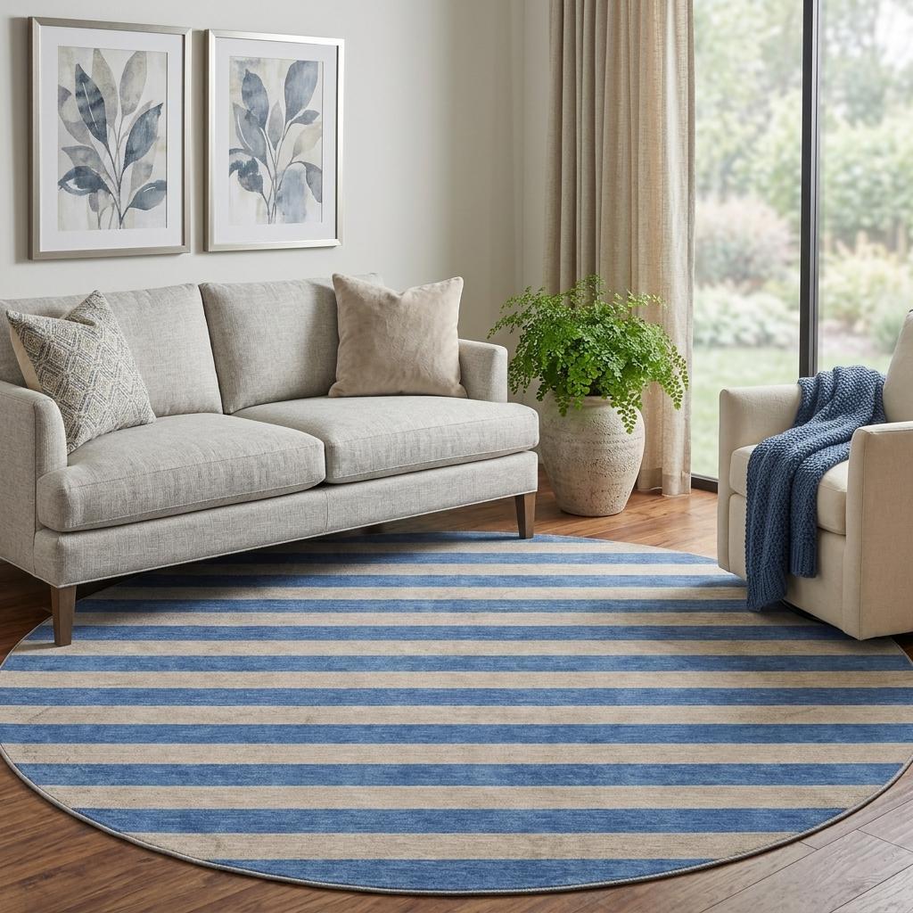 8' Tan And Navy Blue Striped Shag Washable Round Rug With UV Protection - HomeRoots - Flyclothing LLC